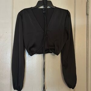 Long sleeve crop polyester tie up shirt